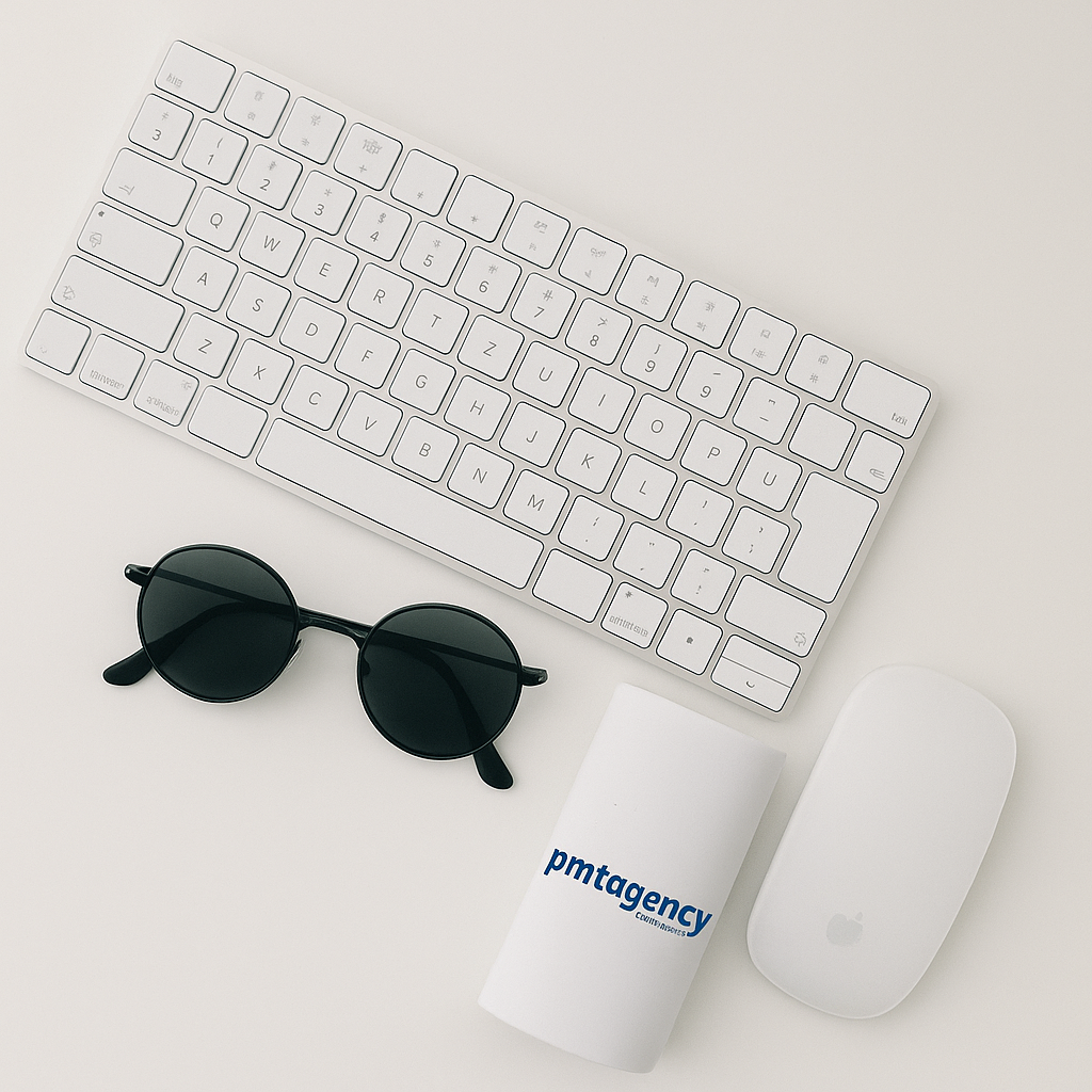 Minimalistischer Schreibtisch mit Apple-Zubehör, Sonnenbrille und weißem Becher mit PMT Agency Logo – Symbol für modernes B2B Call Center Design